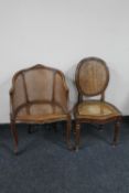 A carved beech wood bergere elbow chair (a/f) together with a carved dining chair