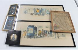 Two antique framed signed French prints of cats together with two framed sets of fishing flies,