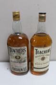 Two bottles of Teachers Highland Cream Scotch 1 litre and 1.13 litres.