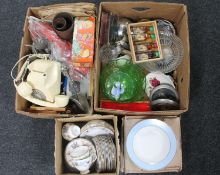Four boxes of assorted tea china, glass ware, telephone, plated ware,