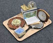 A tray of Kundo anniversary clock, mantel clock, hand mirror,