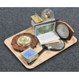 A tray of Kundo anniversary clock, mantel clock, hand mirror,