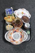 A tray of 19th century pastille burners, stoneware jug, Japanese Imari bowl,