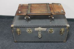 A metal bound trunk together with an antique National automatic trouser press