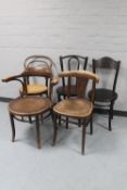 A bentwood armchair together with four various chairs