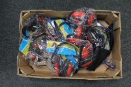 A box of tool kits in bags, safety goggles,