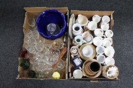 Two boxes of glassware, pottery planter, pottery vase,