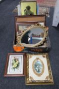 A box of framed pictures and prints, gilt framed mirror,