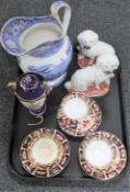 A tray of Royal Crown Derby cup and saucers, Victorian blue and white jug,