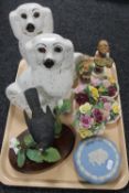 A tray of pair of Staffordshire dogs, Hummel figures, Wedgwood trinket pot,