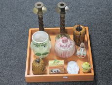 A twin handled serving tray with a pair of wood and brass candlesticks, assorted china,