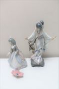 A Lladro figure of a Geisha with parasol and a figure of a girl