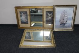 An Edwardian gilt framed mirror with two framed prints framed as one together with a gilt framed