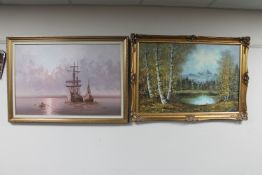 A gilt framed oil on canvas of ships signed Alexis, together with a gilt framed oil,