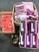 Three boxes of fashion hair accessories, sports shorts,