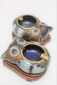 A pair of cloisonne gilt ashtrays modelled as owls,