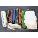 Two boxes of linen, table cloth, briefcase,