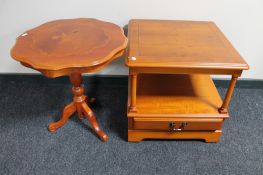 An inlaid yew wood lamp table and a wine table