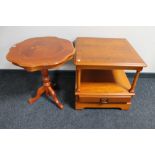 An inlaid yew wood lamp table and a wine table