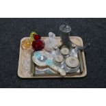 A tray of glass paperweights, Venetian glass hand mirror, glass trinket set,