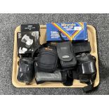 A tray of assorted cameras and accessories to include Olympus OM10, Fujifilm digital camera,