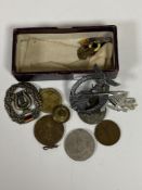 Two War Medals, German reproduction pin badge, Royal Irish Rangers badge,