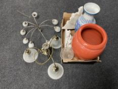 A box of two chalk wall shelves, contemporary vases, pressed glass vase,