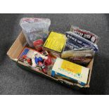 A box of vintage Fisher Price record player, vintage portable organ, Dr Who toys and magazines,