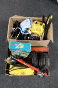 Two boxes of two Karcher pressure washers, work gloves, extension reels,