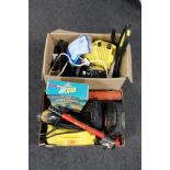 Two boxes of two Karcher pressure washers, work gloves, extension reels,