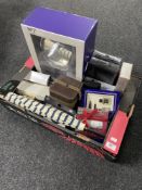 A box of No 7 vanity mirror, Jean Paul Gautlier umbrella, gift sets, purses,