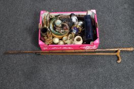 A box of Onyx speakers, brass ware, plated ware, wooden vases,