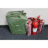 A box of 20 litre jerry can and six foam and powder fire extinguishers