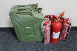 A box of 20 litre jerry can and six foam and powder fire extinguishers