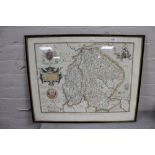 A framed Saxtons map of Lincolnshire in 1576, in a Hogarth frame,