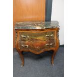 A hand painted French marble topped bombe commode chest