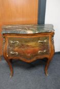 A hand painted French marble topped bombe commode chest