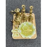 A tray of assorted brass ware - coffee pot, candlesticks,