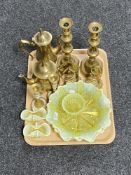 A tray of assorted brass ware - coffee pot, candlesticks,