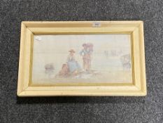 An antiquarian painted framed colour print of fisher women at low tide by B.