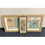 A framed Japanese watercolour and a pair of contemporary framed prints