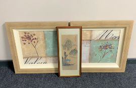 A framed Japanese watercolour and a pair of contemporary framed prints