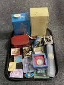 A tray of jewellery boxes, gent's wristwatches, pocket watches, costume jewellery, enamelled badges,