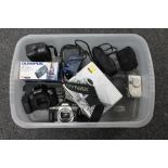 A box of assorted cameras - Canon Eos 1000f,