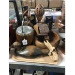 A tray of biscuit barrel, bowls,