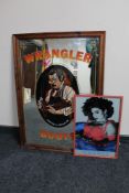 A framed Wrangler picture mirror and a Madonna picture mirror
