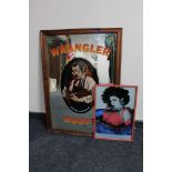 A framed Wrangler picture mirror and a Madonna picture mirror