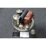 Four piece plated tea service on tray, two pairs of binoculars, hip flask,