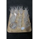 A tray of assorted glass ware - crystal wine glasses,