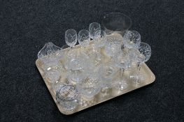 A tray of assorted glass ware - crystal glasses, basket, lidded preserve pot, rose bowl,